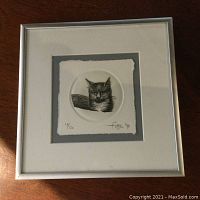 Full framed print of a cat by Franc Van Dort with visible matted border and silver toned metal frame.