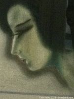 Close-up of lady's profile in the painting showing facial features and color tones