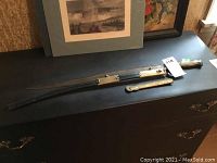 Cutlass and two dissimilar scabbards placed on a dark chest.