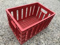 Angled side and interior view of the red plastic Coca Cola crate on asphalt.