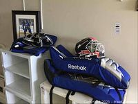 Reebok branded blue goalie pads, catcher glove, blocker, and black/red goalie mask.