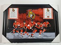 Full view of framed Ottawa Senators banner poster with five players in action and team logo.