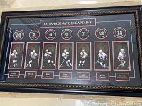 Framed banner with Ottawa Senators captains including Laurie Boschman, Mark Lamb, Brad Shaw, Gord Dineen, Randy Cunneyworth, Alexei Yashin, and Daniel Alfredsson with jersey numbers and photos.