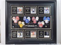 Full photo of the framed collectible NHL jersey print featuring six original players and their jerseys with signatures.