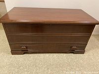 Front view of the wooden chest showing closed lid and bottom drawer with decorative pulls.