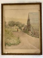 Full view of the framed watercolor painting showing a village scene with houses, a large building with a steep roof, trees, and figures on a road.