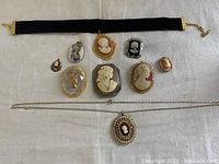 Image showing all cameo jewelry pieces laid out on a white surface including choker, pendants, brooches, and chain.