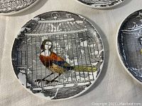 Single plate with red chest and multicolor tail bird-woman in cage
