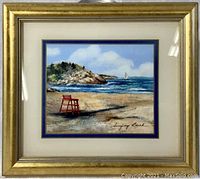 Full view of framed print in gold frame, showing the entire beach scene artwork and matting.