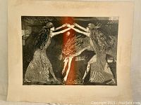 Full view of the vintage etching showing three human figures with detailed patterns and shading.