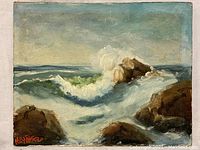 Front view of the oil painting showing ocean waves crashing on rocks with a cloudy sky, signed Heathfield bottom left