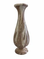 Front view of the tall narrow vase showing the brown marbled pattern over beige glaze