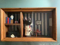 Front view of the wooden and glass case containing the 3D mouse doctor figure with doctor accessories, background objects, and detail.