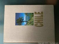Front cover of the book with beige texture, inset color photo of Chilean landscape, and embossed CHILE letters.