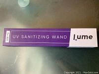 Box of the UV Sanitizing Wand by Lume showing front with USB icon and product name