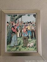 Framed colored print of Tintin and cowboys under tree with Snowy, showing detailed scene from Tintin en Amérique.