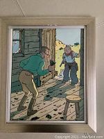 Full view of the Tintin reproduction print in the frame showing two characters on a porch with natural outdoor background.