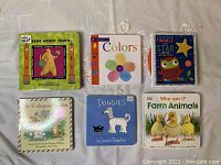 Group of 6 children's board books shown together: Bear About Town, Colors, Twinkle Star, The Velveteen Rabbit, Doggies, Who am I? Farm Animals