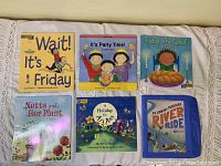 Group photo of six Jewish children's books arranged in two rows of three each, showing colorful illustrated covers.