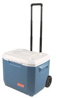 Blue and white Coleman 50 QT wheeled cooler with extended black telescoping handle and wheels
