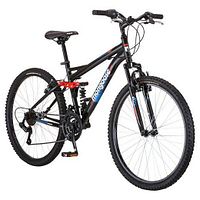 Stock catalog image of black Mongoose Standoff mountain bike with red and blue accents
