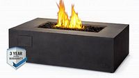 Rectangular Napoleon Uptown Patioflame fire pit table with flames and black lava rock media