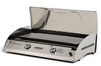 Cobra stainless steel LP grill with open foldable windscreen, two control knobs, enamel cast iron griddle surface