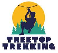 Logo image of Treetop Trekking depicting a person ziplining against a yellow sun and forest background.