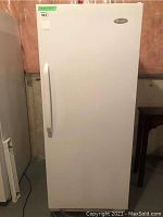 Front view of Woods upright freezer showing white single door with handle and brand logo