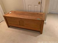 Wooden rectangular storage chest with closed hinged lid showing wood panel details on carpeted floor.