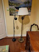 Two standing floor lamps shown side by side near a wall and a door. One lamp is brass colored with a white pleated shade, the other is matte black with adjustable neck and small light head.