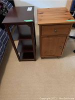 Photo showing both side tables next to each other on carpeted floor, highlighting wood tones and size difference.