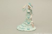 Front view of the Coalport Beau Monde Juliette porcelain figurine in pastel green dress and large hat holding a parasol.