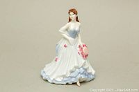 Front view of the Coalport porcelain figurine Debutantes Shelley, showing the detailed dress and bonnet.