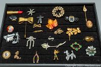 Top-down photo showing all 20 assorted vintage brooches in a display case, styling varied including animals, bow, leaves, starfish, lipstick, and figurines.