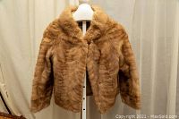 Front view of the vintage Ross Furs mink jacket showing soft fur texture, collar and button closure.