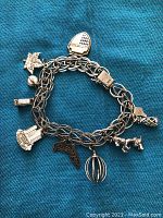 Full view of silver charm bracelet showing all nine travel-themed charms on a multi-link chain.