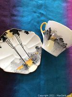 Photo showing both the Shelley china tea cup and matching scalloped saucer with scenic design