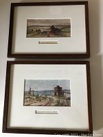 Two framed historic prints showing Halifax Harbour and Basin of Minas, each with wooden frame and white mat with location label