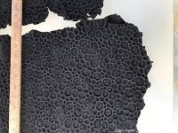 Two black suede cow hides with raised oval and circular textures, laid flat with a ruler for scale, showing approximately 3 square feet each.