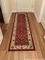 Full top-down view of the red and beige runner rug laid out on hardwood floor hallway.