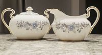 Front view of Aynsley creamer and sugar bowl with lid showing blue floral pattern and gold trim
