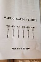 Image of product flyer showing six solar garden lights Model No. 45039.