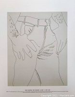 Full front view of the black and white lithograph depicting male torso with hands near hips.