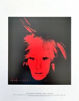 Front view of the lithograph showing the red and black self portrait of Andy Warhol.