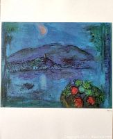 Full view of the blue still life lithograph artwork by Marc Chagall depicting a night scene with bowl of fruit in foreground and town by water with hills in background.