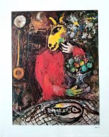Full view of colorful lithograph artwork with figure in red coat and yellow animal head holding fruit bowl, signed lower right.