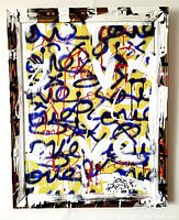 Frontal view of the artwork showing full canvas with mixed media and vintage wood frame