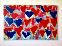 Front view of entire canvas painting showing red and blue heart motifs with dripped paint background