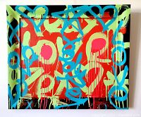 Frontal view of the abstract graffiti-style canvas and wood frame